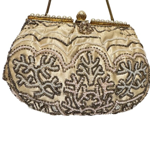 Vintage Handmade Bag Womens Silk Cream 60s Beaded Pearls French Mini Handbag - Picture 3 of 8